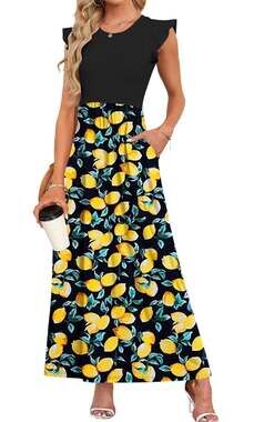 MISFAY Women's Ruffle Sleeve Maxi Dress with Pockets Lemon Print